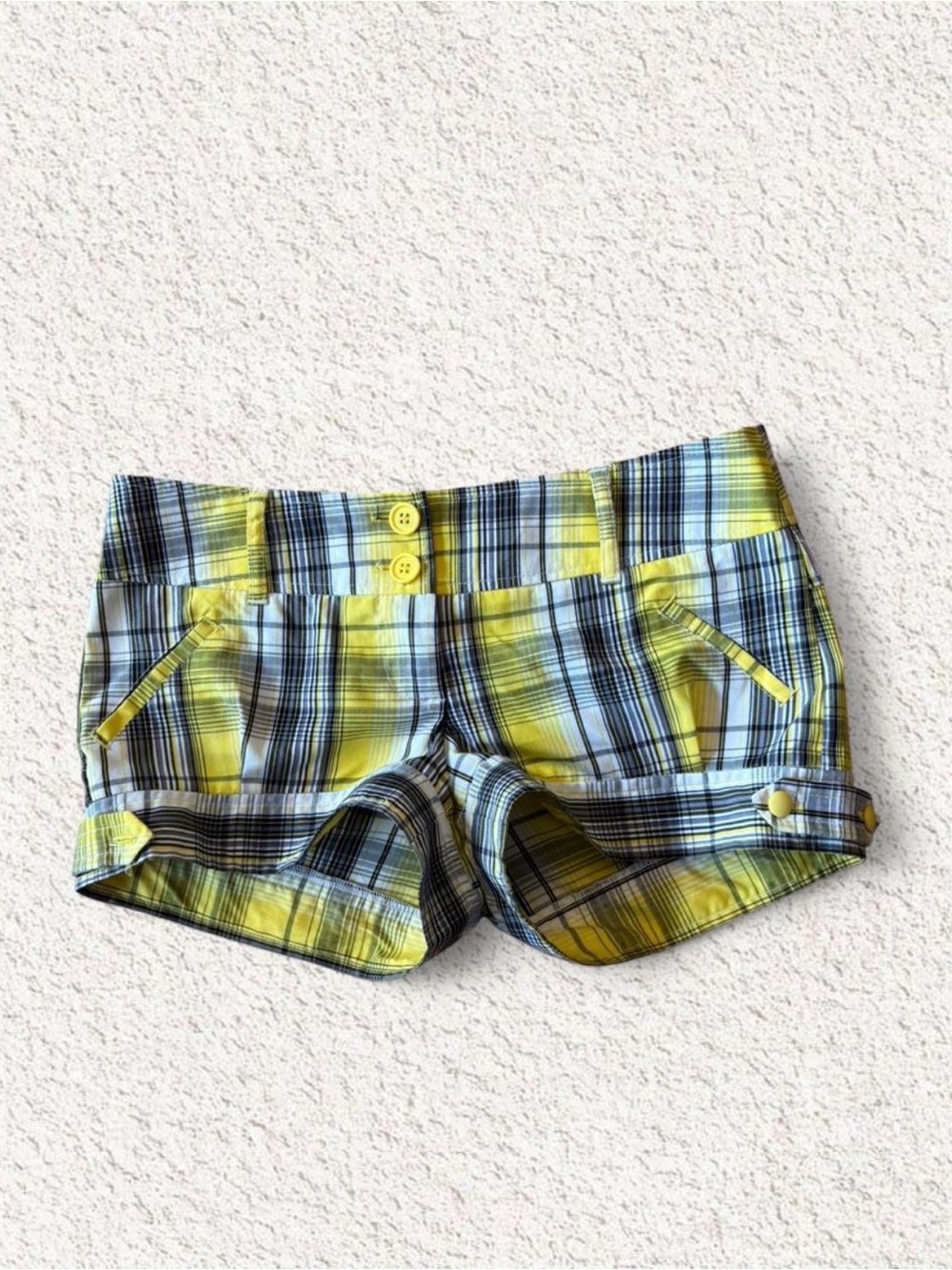 Yellow Plaid Women's Bermuda Shorts with Button Accents